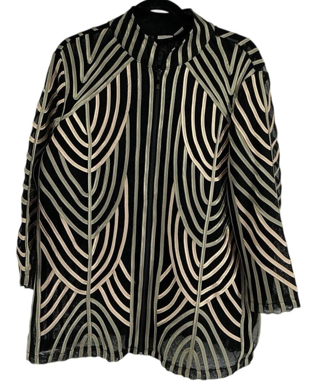 CHICOS Travelers Black Mesh & Ribbon Strip Zip up Jacket Arty Size 3 / US 16/18